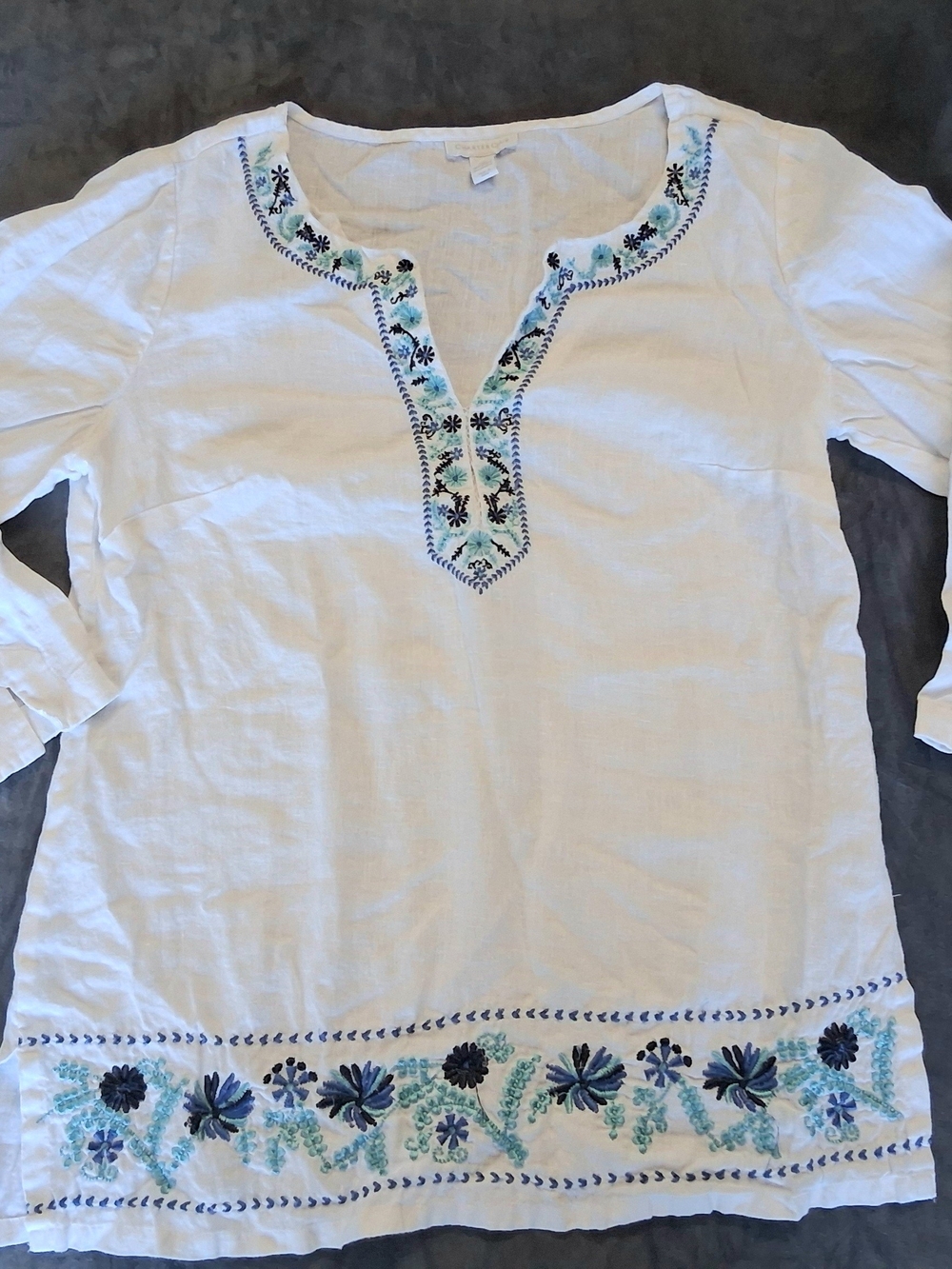 Charter Club White LinenTunic with Blue & Aqua Floral Embroidery